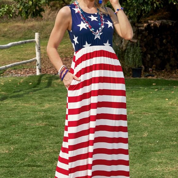 Womens American Flag Maxi Dress Sleeveless 4th of July Patriotic Summer - Picture 4 of 6